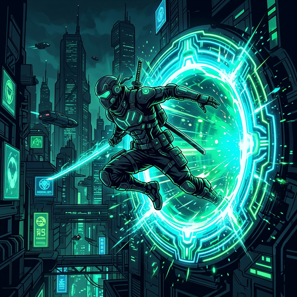 Screenshot of Neonja gameplay showing the cyber city Borgosesia sector in Sesiavalley